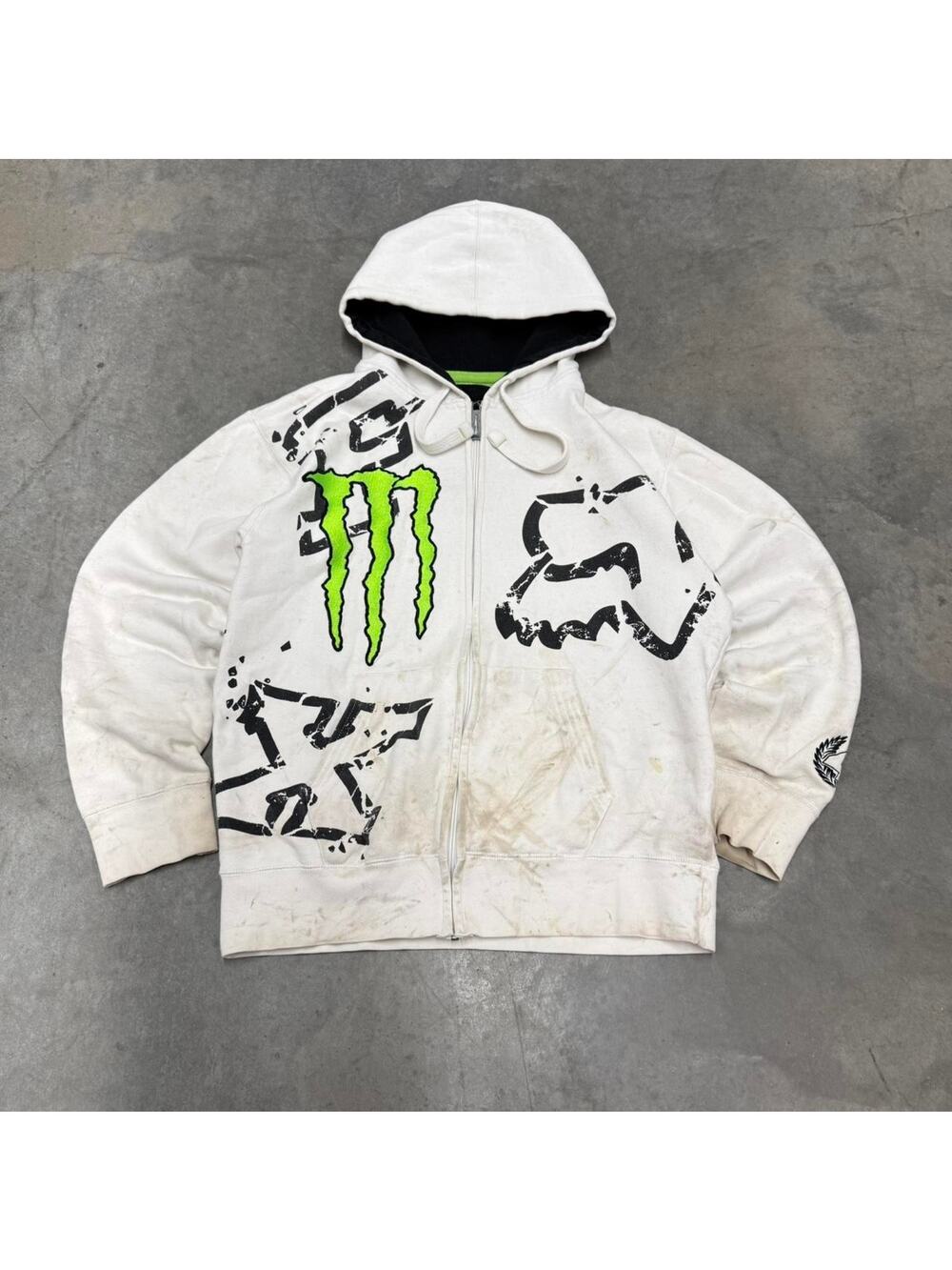 Crazy Y2K 2000s fox monster energy white zip up hoodie Large